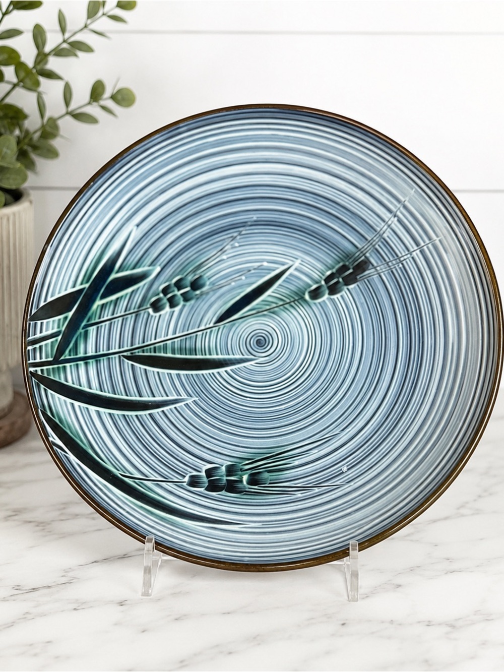 Vintage Nasuga 12”Stoneware Serving Bowl Blue Spiral Botanical Design Ovenproof
